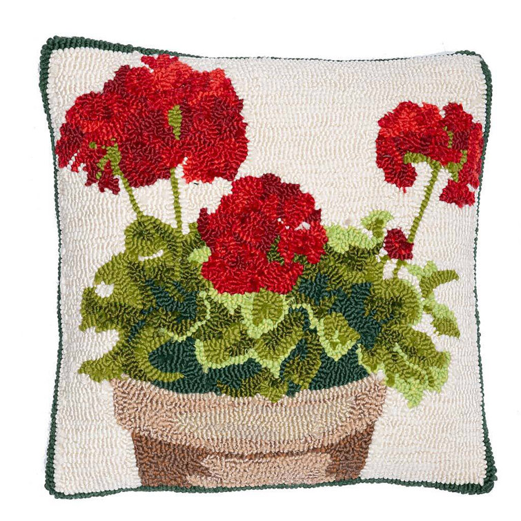 Plow & Hearth Geranium Hand Hooked Outdoor Square Pillow Cover & Insert